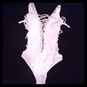 white cutout tie up one piece swimsuit NWOT